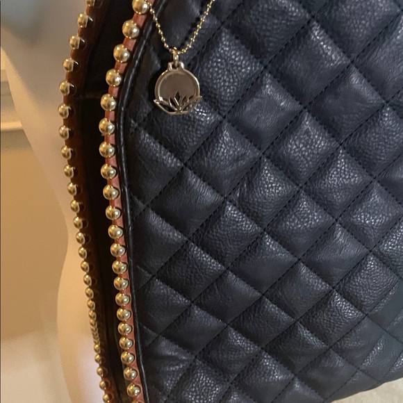 Big Buddha Black Quilted Shoulder Bag with Gold Bead Trim and Tan Edging - Picture 6 of 10